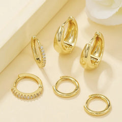 3 Pairs Stainless Steel Crystal Zirconia Hoop Earrings for Women Trendy Simple Gold Pl close-up view