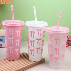 710ml Bow Reusable Party Cups With Straw Lid Coffee Juice Tea Cute Tumbler With Straw alternate view