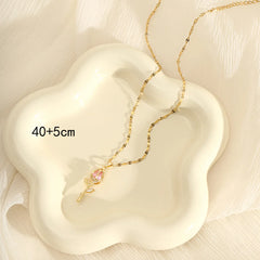 Elegant Pink Rose Necklace for Women Light Luxury Zircon Flower Pendant High-End Jewelry detail view