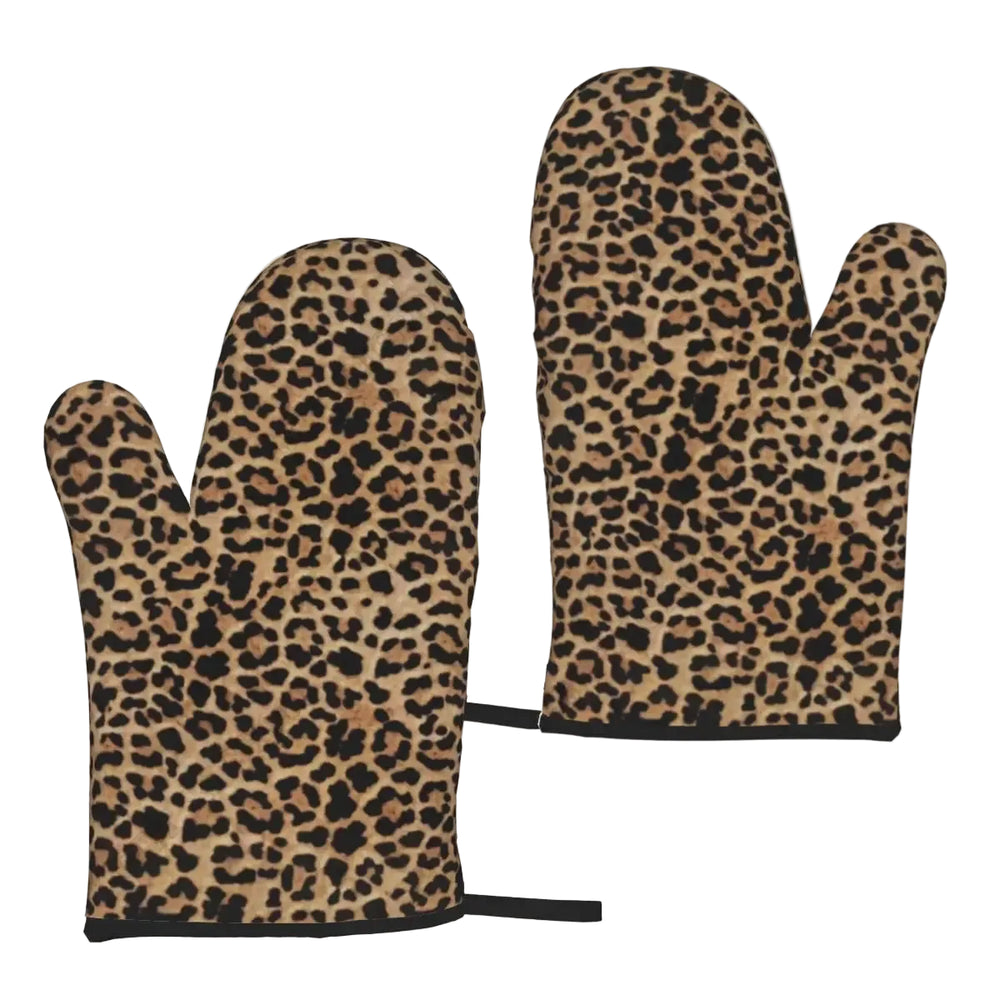 Pair of leopard print oven mitts on a white background
