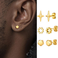Gold Color Stud Earrings for Men Boys,Anti Allergy Stainless Steel Small Earrings,Hip Hop Simple Jew