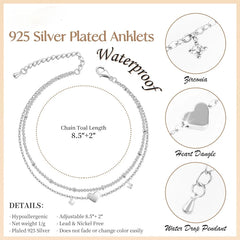 925 Sliver Plated CZ Anklet Bracelets for Women Girl Trendy New Waterproof Heart Char alternate view