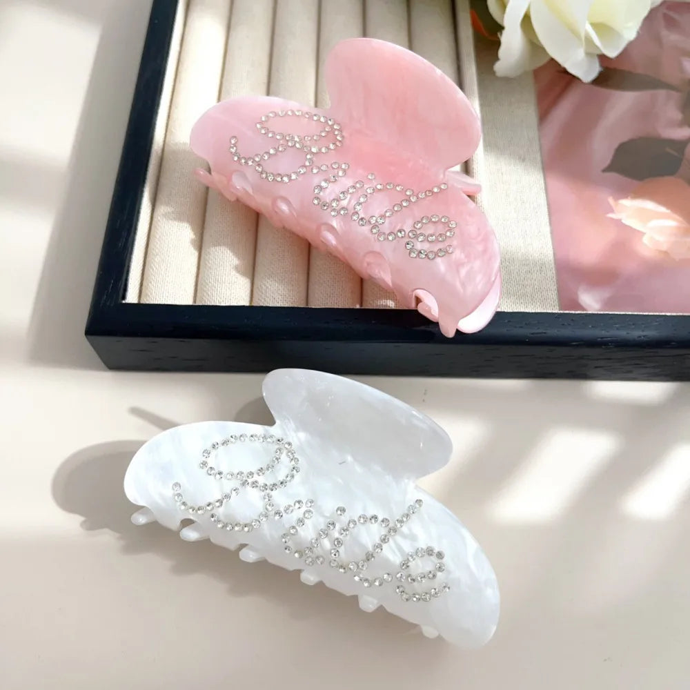 Elegant Shinning Rhinestone Bride Letter Big Acetate Hair Claw Clips for Women White Pink Hair Styli
