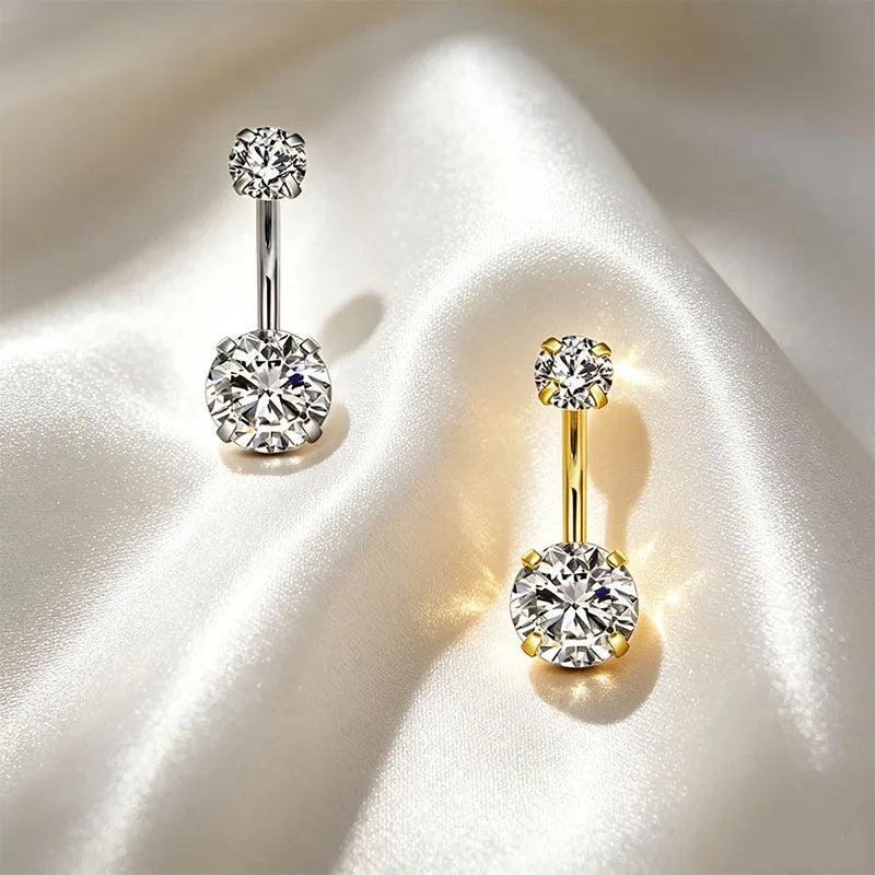 Silver Round 4-Prong Cubic Zirconia Navel Ring, 5*8mm CZ Inlaid Belly Piercing Jewelry Navel Stud Na