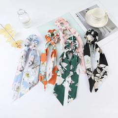 Fashion Flower Print Bow Satin Long Ribbon Ponytail Scarf Tie Scrunchies Women Girls E close-up view