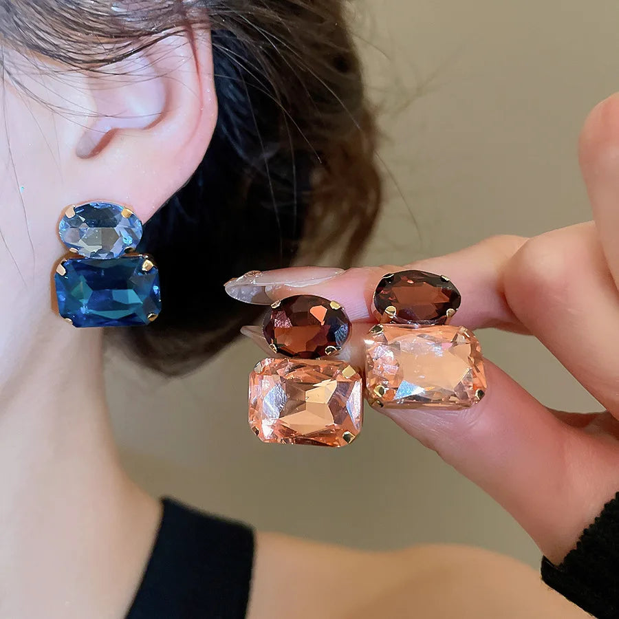 New Vintage Blue Coffee Square Oval Rhinestones Stud Earrings Women Shiny Cubic Geometric Ear Studs