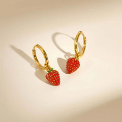 Women's Sweet Strawberry Drop Earrings,Gold Plated Stainless Steel Hoop Earrings for Gir detail view