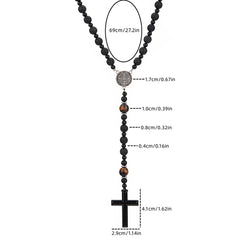 Lava Stone Black Obsidian Yellow Tiger-eye Beads Cross Pendant Y Necklace for Men detail view