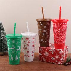1Pc 710ML Christmas Coffee Straw Cup Reusable Xmas Tree Snowflake Plastic Cup With Li alternate view