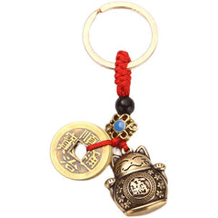Handmade Brass Feng Shui Coins Keychain | Lucky Cat Car Keychain with Five Emperors M alternate view