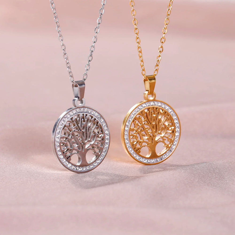 Skyrim Tree of Life Necklace for Women Stainless Steel Gold Color Clear Zircon Round Pendant Neck Ch