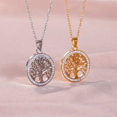 Skyrim Tree of Life Necklace for Women Stainless Steel Gold Color Clear Zircon Round Pendant Neck Ch