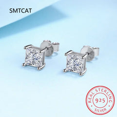 Princess Cut 0.4-5CT Moissanite Stud Earrings for Women Men VVS Simulated Diamond Ear close-up view