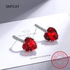 Heart Genuine Natural Garnet Red Ruby 925 Sterling Silver Stud Earrings for Women Fashion Statement