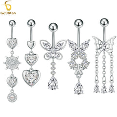 14G Crystal Heart Butterfly Dangle Belly Button Rings CZ Zircon Drop Navel Barbell Belly Rings Body