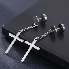 1 Pairs Punk Gothic Stainless Steel Stud Earring Cross Round Fake Ear Taper Dumbbell F close-up view