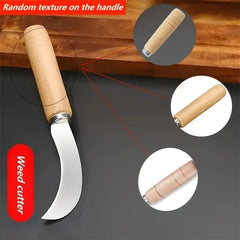Curved Stainless Steel Weeding Tool with Wooden Handle | 2-in-1 Garden Tool for Outdoo close-up view