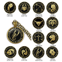 12 Constellation Zodiac Pendant Necklace | Antique Bronze Glass Dome Jewelry
