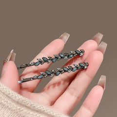2Pcs/set Rhinestone Glaze Leaf Hairpin Cute and Sweet Women's Foredead Bangs Side Clip Metal One-word Clip Hair Accessories