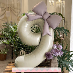 2 Pcs 32 Inch Cream Digital Balloon Set with Pink Bow | Aluminum Foil Party Decor close-up view