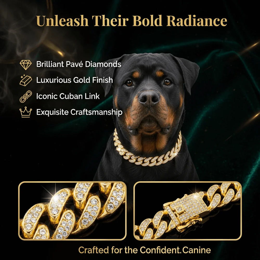 Luxury Hip Hop Dog Collar, Gold Tone Stainless Steel Cuban Chain, Durable Diamond Inlaid Pet Jewelry