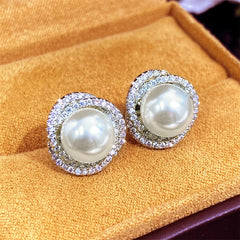 Huitan Sparkling Cubic Zirconia Imitation Pearl Stud Earrings | Silver Tone Fashion Jewelry for Wome
