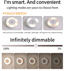 6CM Rechargeable LED Night Light | Touch Switch Wireless Wall Lamp with 3-Color Dimma alternate view