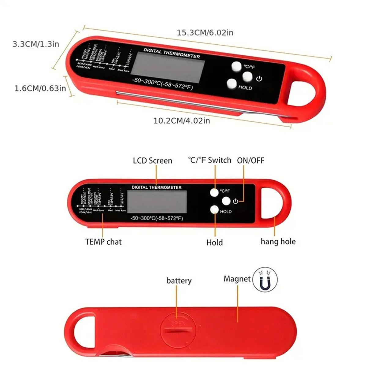 1pc - Digital backlit folding BBQ kitchen cooking ready - to - read thermometer - Onlytenbucks.com