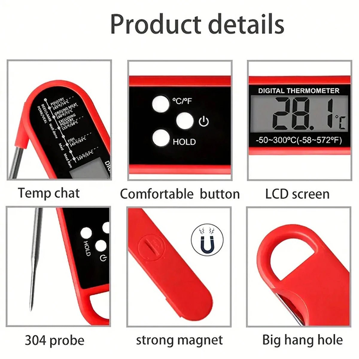1pc - Digital backlit folding BBQ kitchen cooking ready - to - read thermometer - Onlytenbucks.com