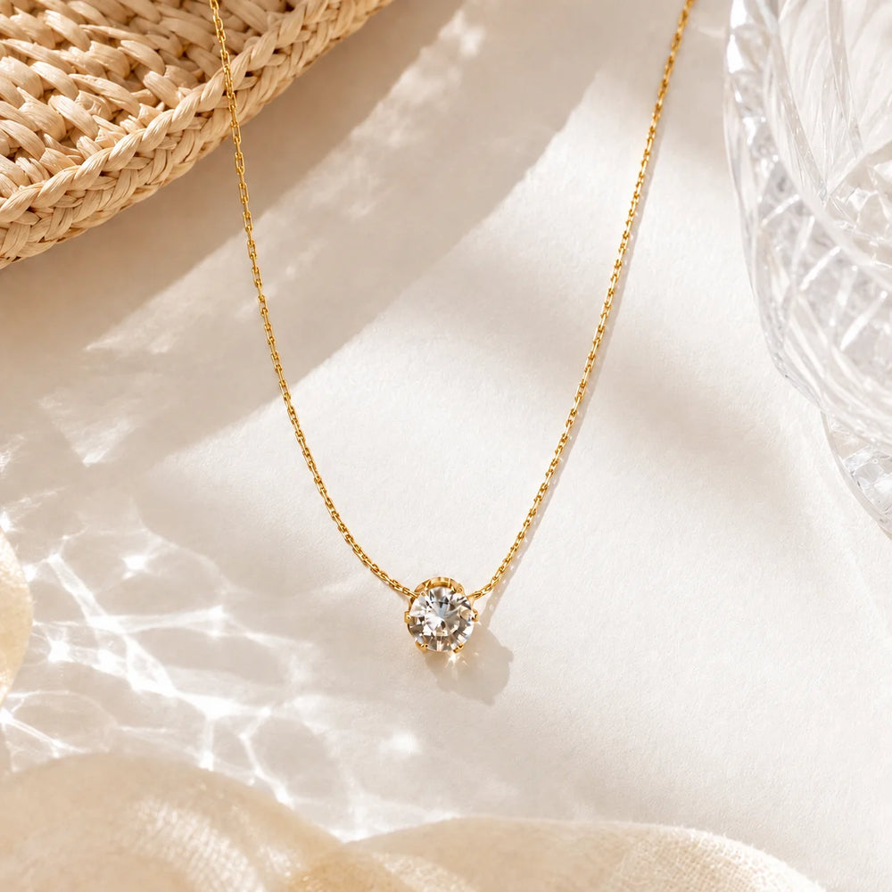 Minimalist Solitaire Zircon Choker Necklace, Crystal Pendant, 18K Gold Plated Stainle lifestyle view