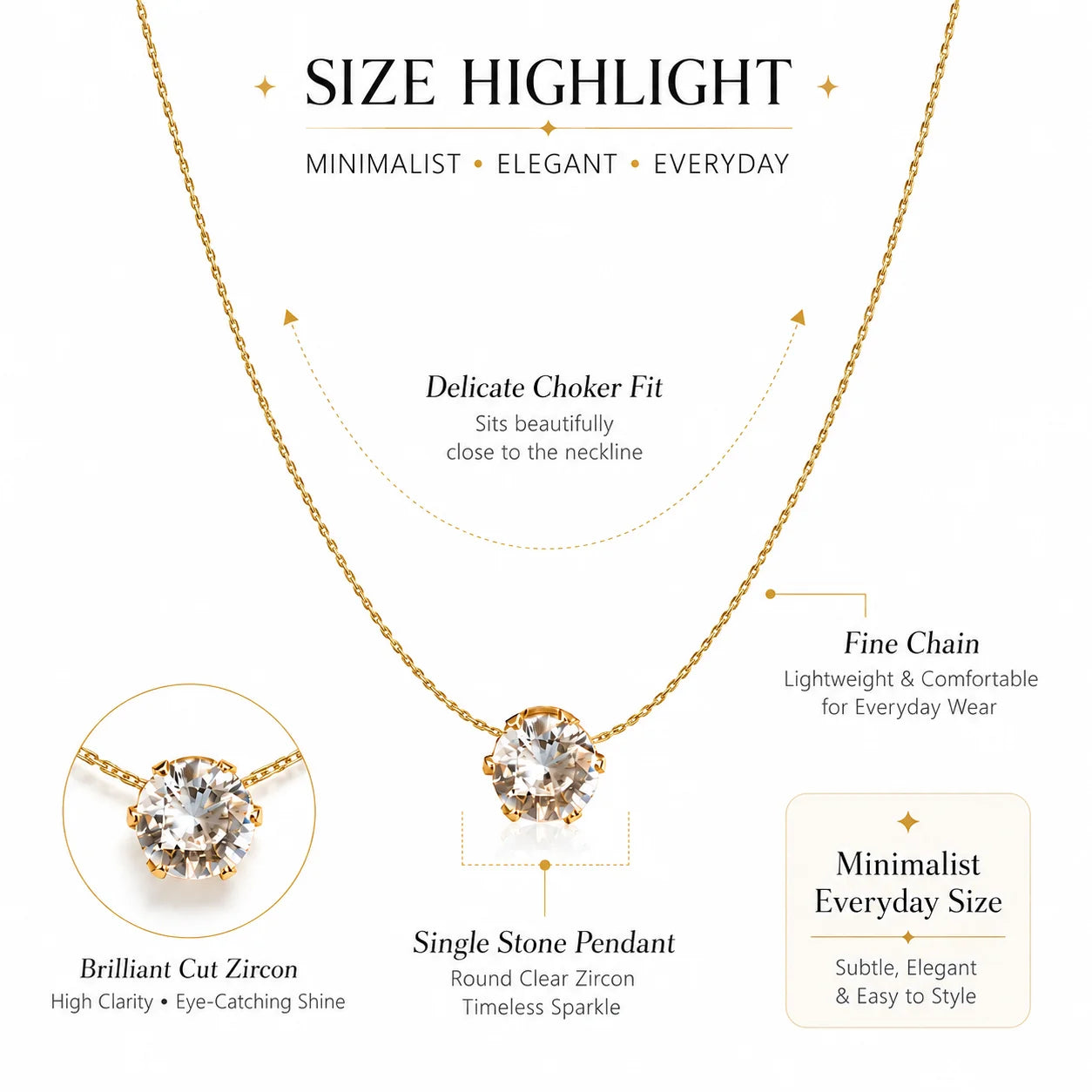 Minimalist Solitaire Zircon Choker Necklace, Crystal Pendant, 18K Gold Plated Stainles close-up view