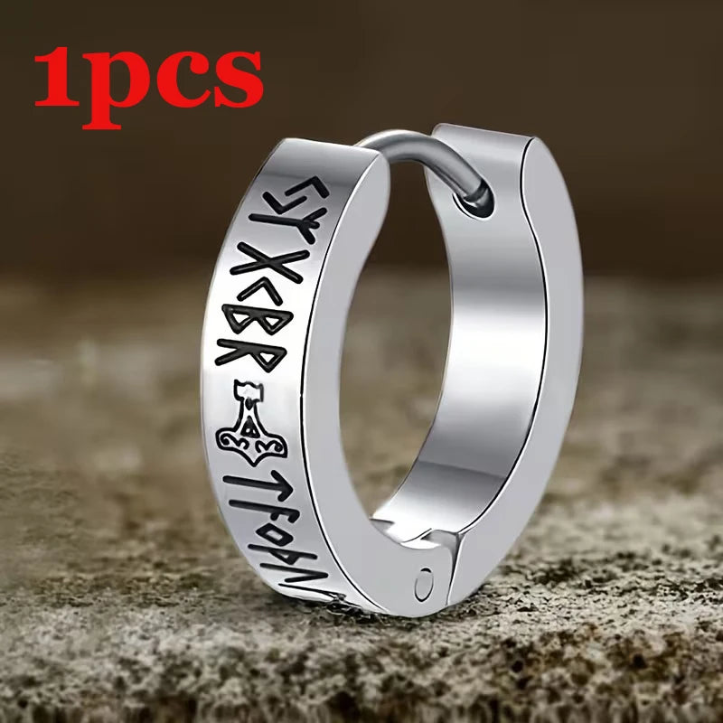 1Pc Norse Viking Runes Hoop Earrings for Men Women Stainless Steel Huggie Hoop Earrings detail view