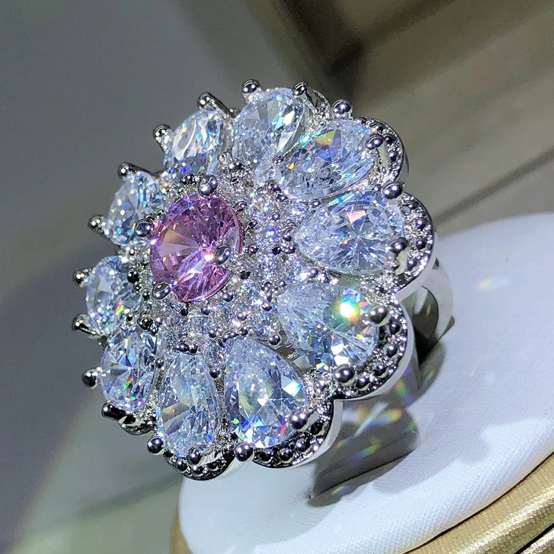 925 Silver Trendy Luxury Jewelry Ladies Shiny White Zirconia Crystal Flower Female Rin close-up view