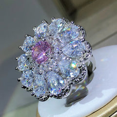 925 Silver Trendy Luxury Jewelry Ladies Shiny White Zirconia Crystal Flower Female Rin close-up view