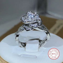 925 Sterling Silver InterTwined Three-Dimensional Rose Ring White Zircon Full Diamond Ring Ladies Te