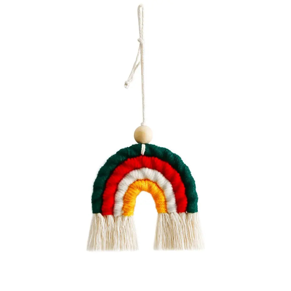 Boho Handmade Rainbow Decoeation Weaving Rainbow Keychains Car Rearview Mirror Pendant close-up view