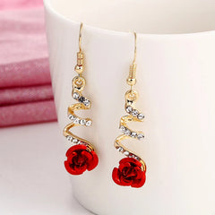 Red Rose Drop Earrings Zinc Alloy Vintage Rhinestone Flowers