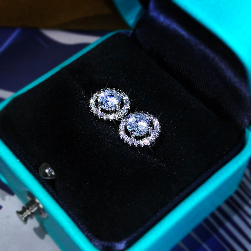 925 Sterling Silver High-End Fashion Jewelry White Zircon Round Earrings Exquisite Diamo detail view