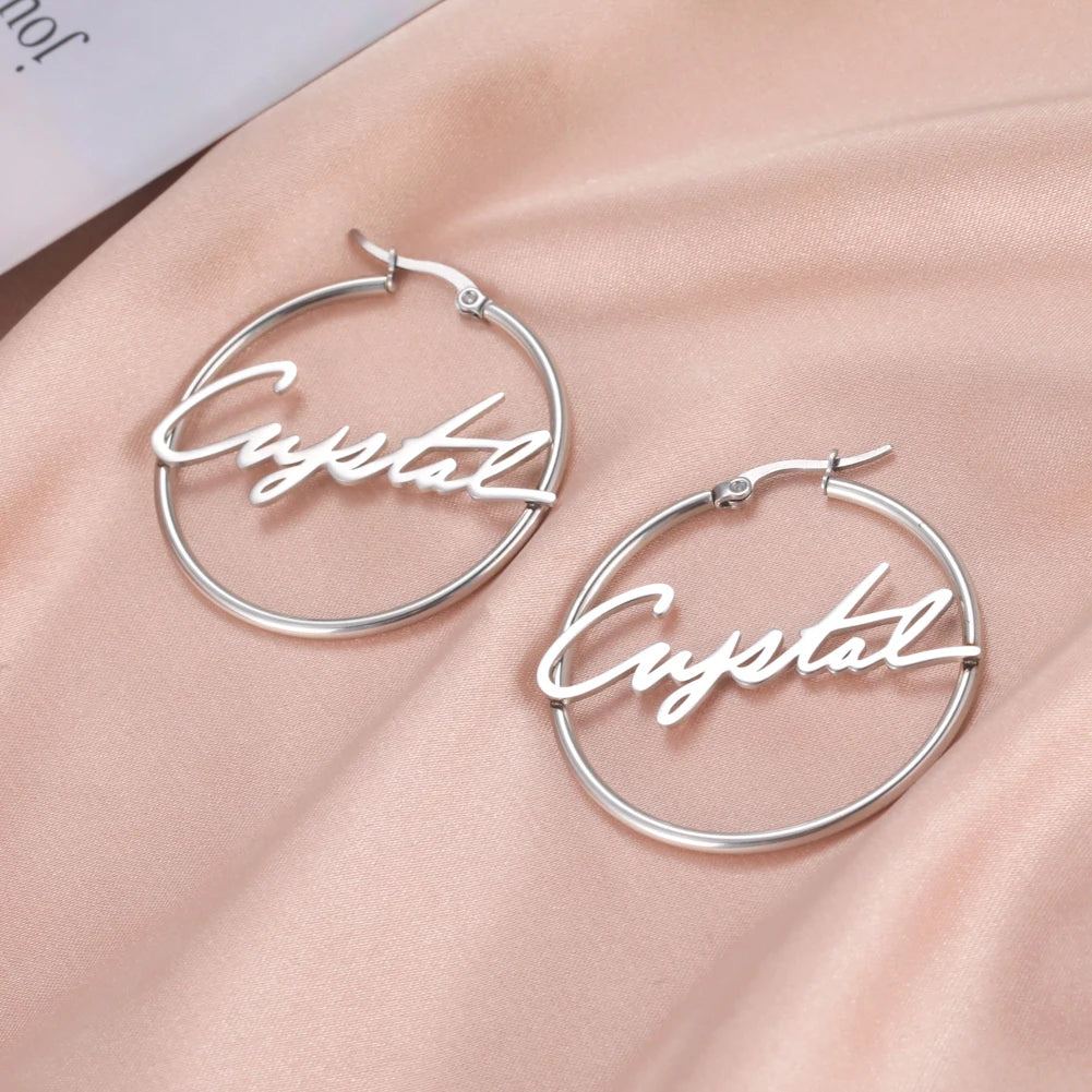 Custom Nameplate Hoop Earrings for Women | Personalized Stainless Steel Jewelry