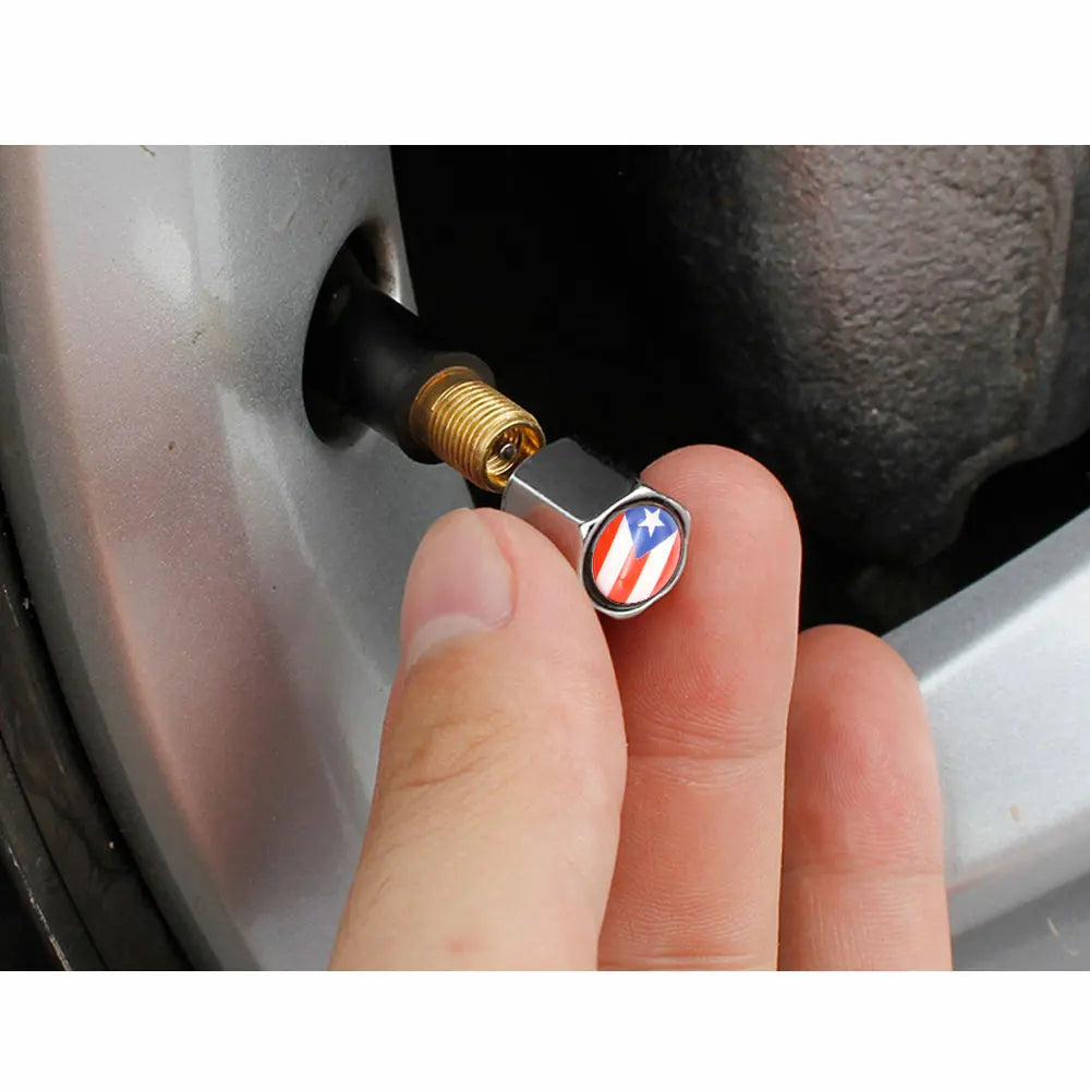 Zinc Alloy Puerto Rico Flag Tire Valve Stem Caps 4 Pcs Set lifestyle view