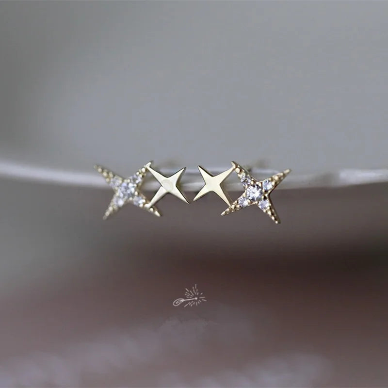 925 Sterling Silver Micro Inlaid Crystal Four-Pointed Star Plating 14k Gold Earrings lifestyle view