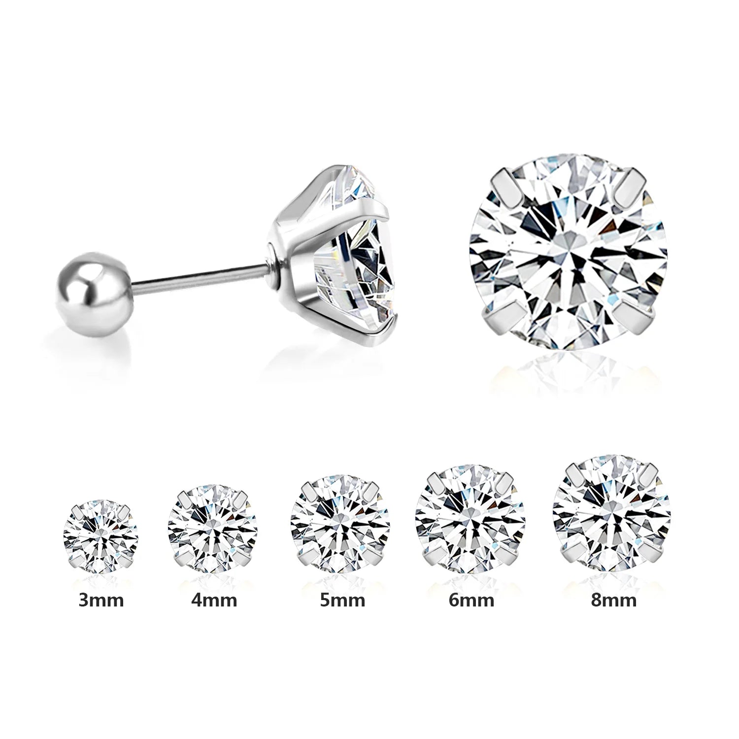 LUXUSTEEL Stainless Steel Round Cubic Zirconia Stud Earrings | Silver Screw-Back Earr alternate view