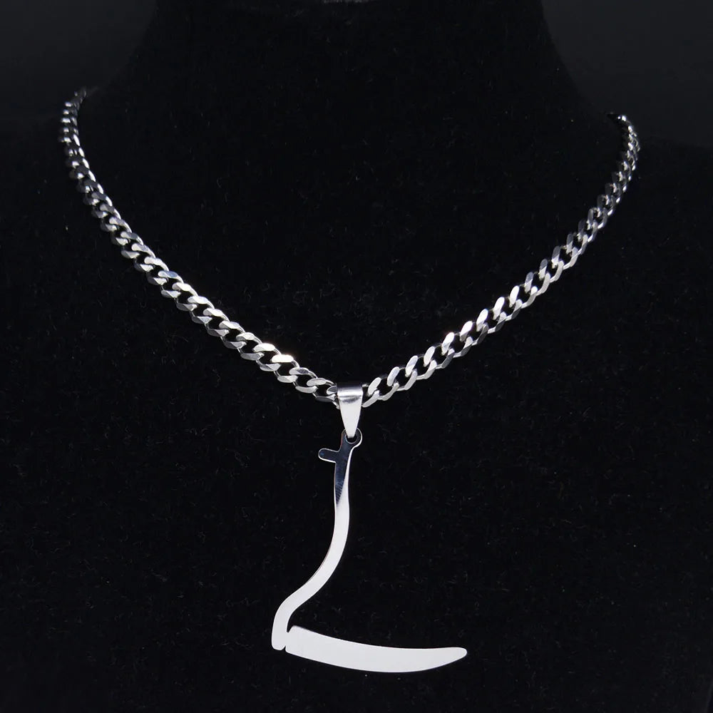 Silver Grim Reaper Sickle Pendant Necklace | Punk Stainless Steel Jewelry for Women close-up view