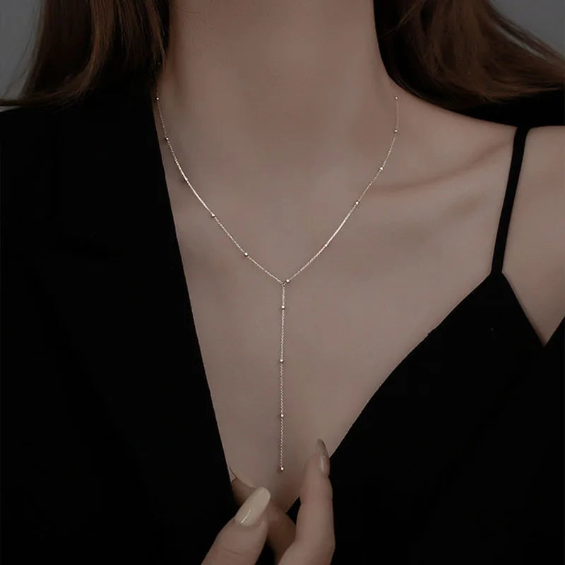 Silver Bead Chain Necklace | Simple Tassel Clavicle Chain for Women alternate view