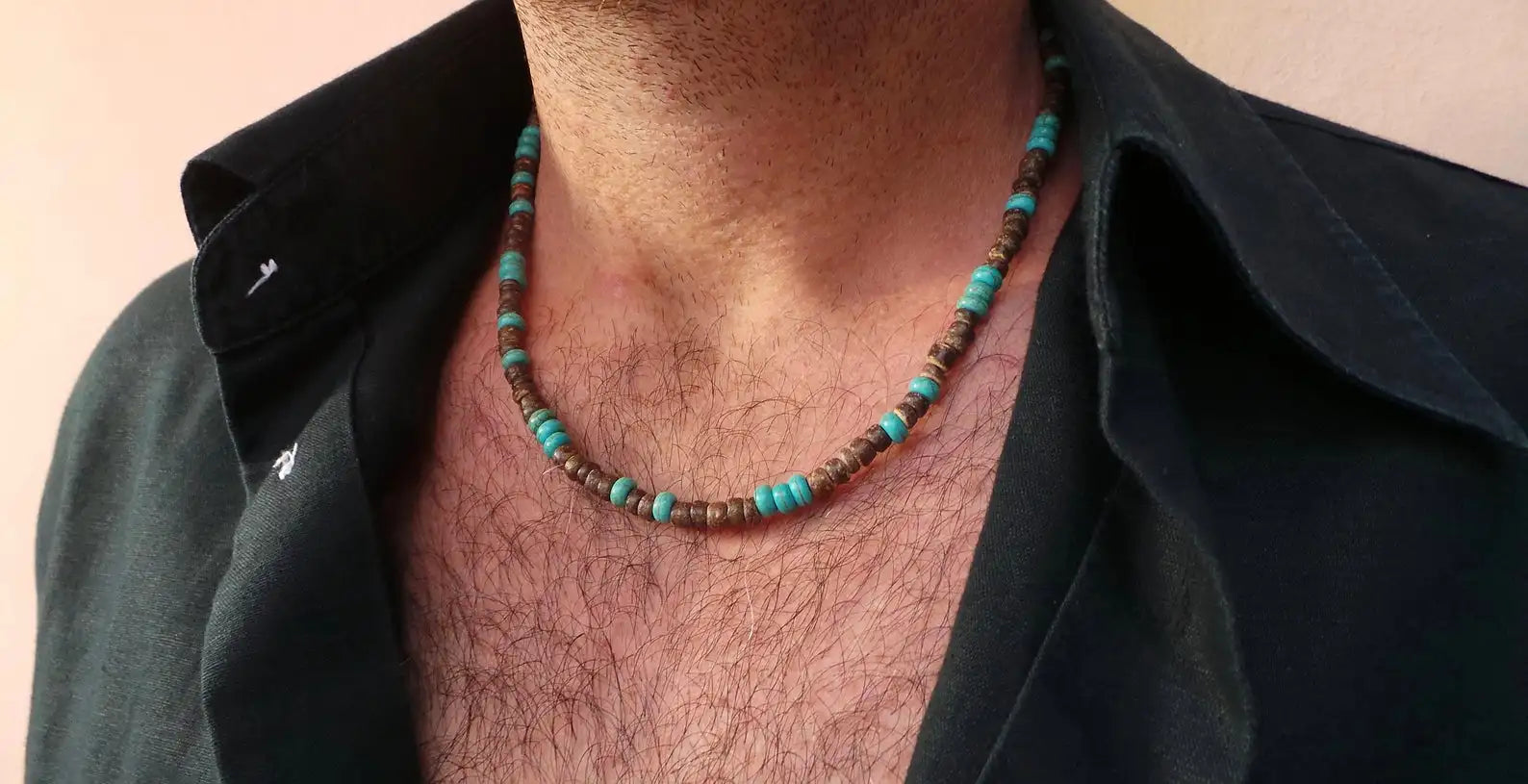 Men's Beaded Wood Beach Necklace | African Inspired Surfer Jewelry lifestyle view