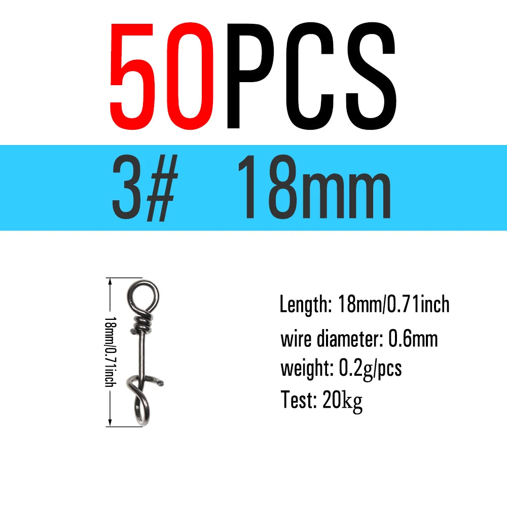 ICERIO 50PCS Stainless Steel Fly Twist Clips Quick Lock Snap Spring Clamp Buckle Swimbait Lure Fishing Connector