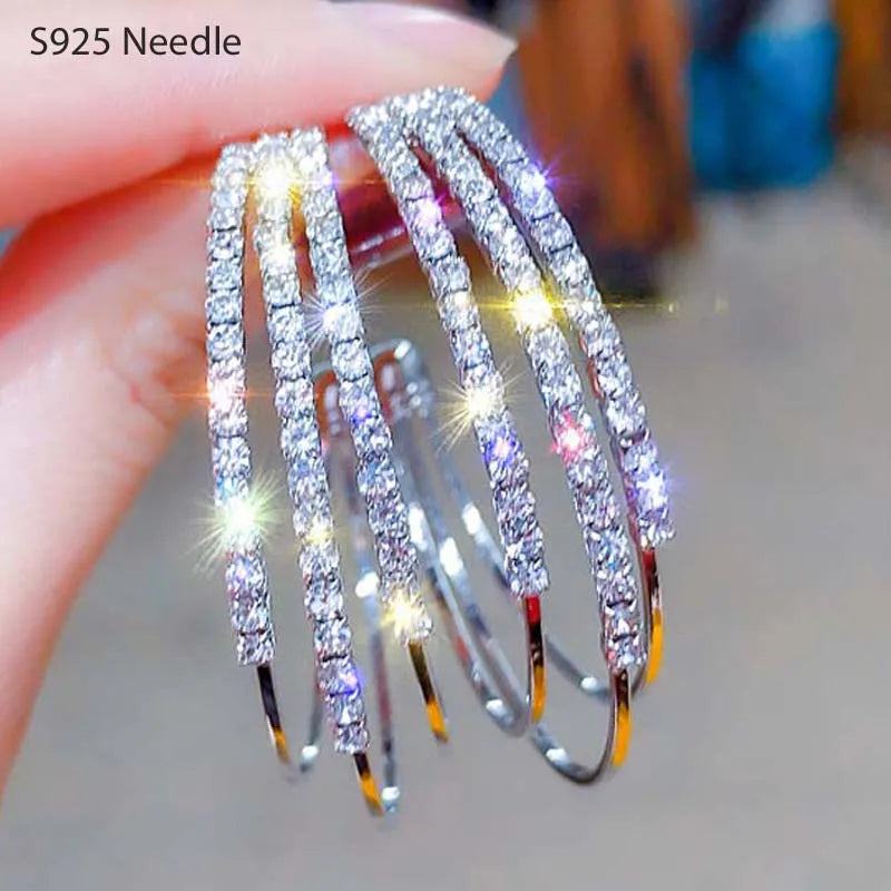 Silver Needle Hoop Earrings for Women Jewelry Rose Gold Pated Alloy Statement Rhinestone Crystal Pun
