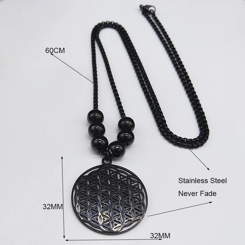 Sacred Geometry Flower of Life Necklace | Stainless Steel Mandala Pendant with Black lifestyle view