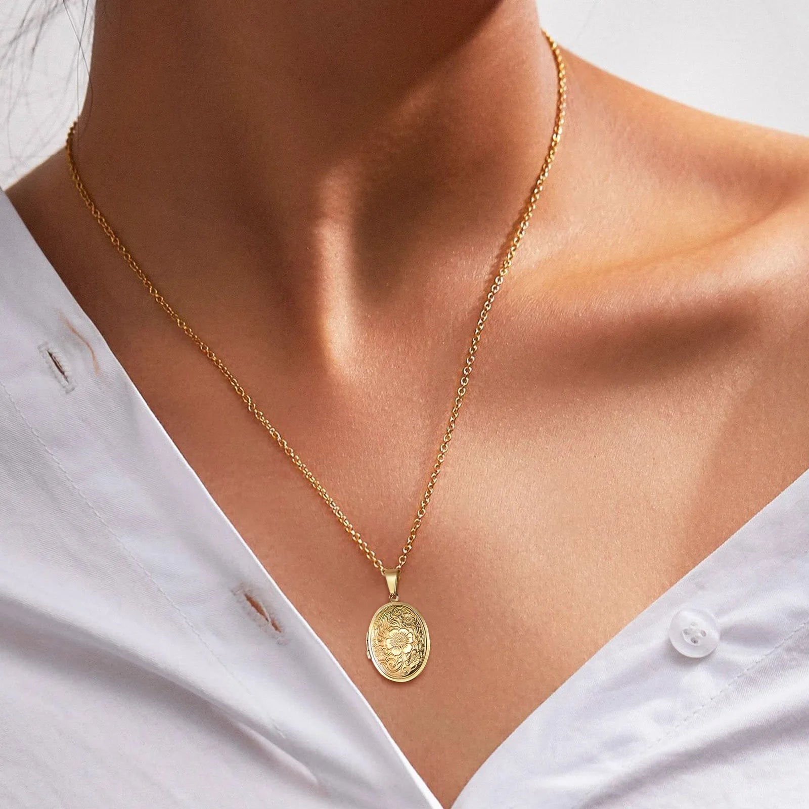 Monogram Floral Oval Heart Locket Pendant Necklace | Stainless Steel Photo Frame Keep alternate view