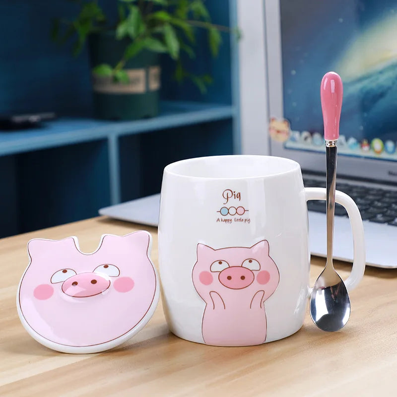 500mL Ceramics Cute Pig Mug with Lid Spoon Coffee Milk Tea Cup Water Drinking Glasses close-up view